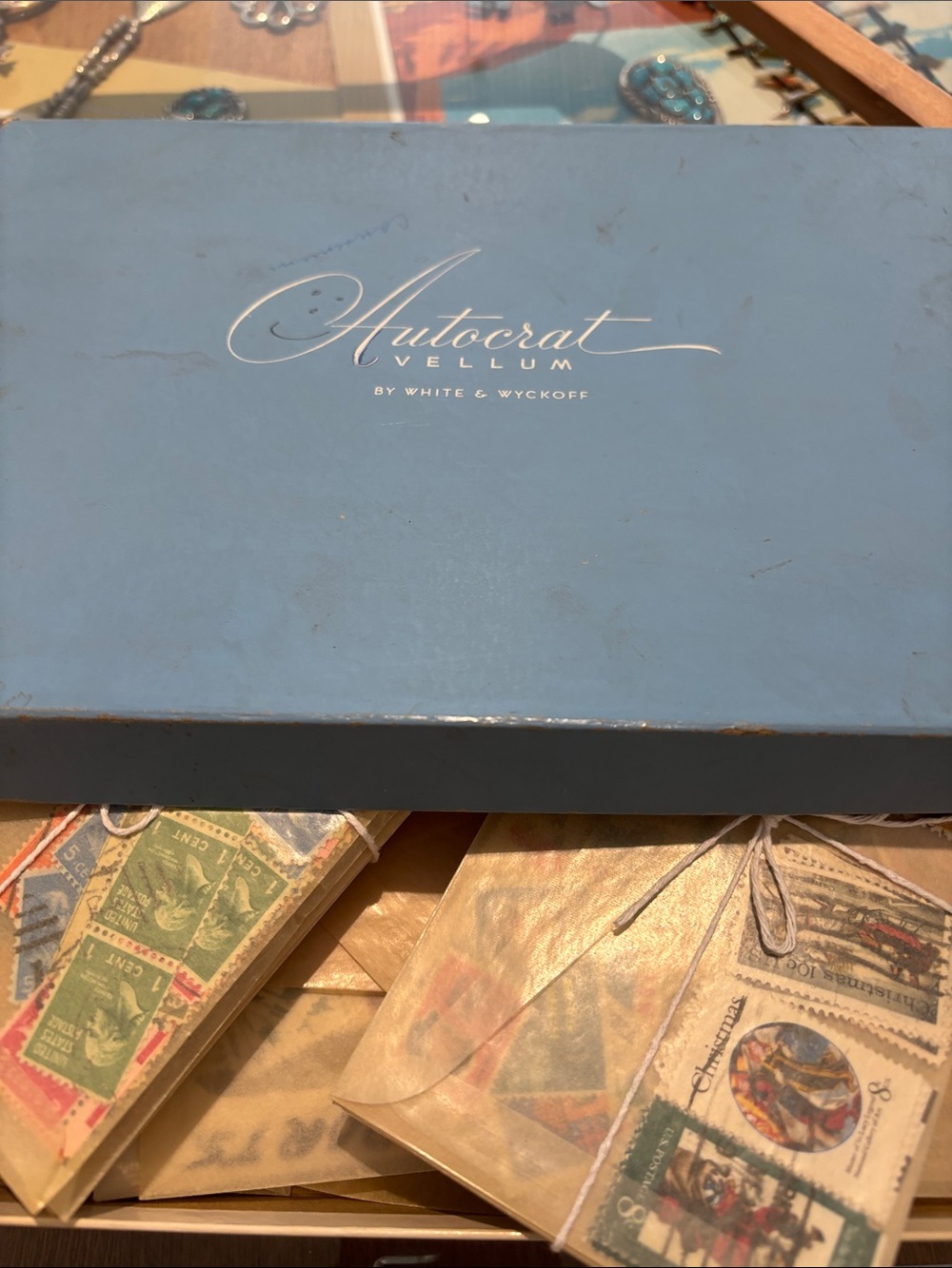 Old box full of stamps